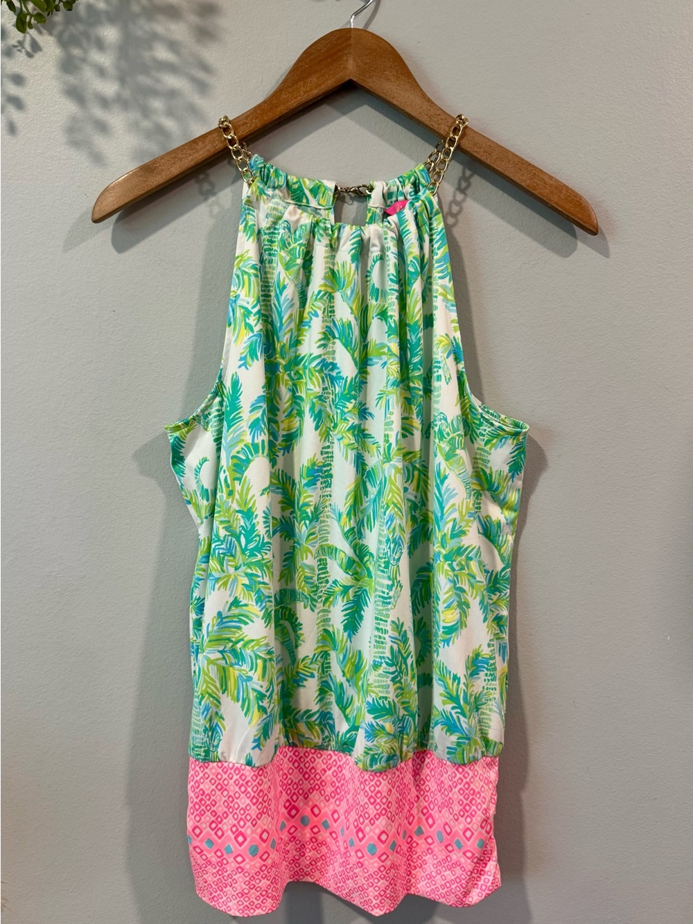 Lilly Pulitzer Green & Pink Palm-Print Chain-Strap Halter Tank Sz M